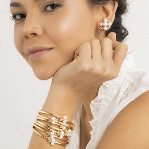 BRACELETE COM ZIRCÔNIAS PRASIOLITA E PÉROLA BANHADO A OURO
