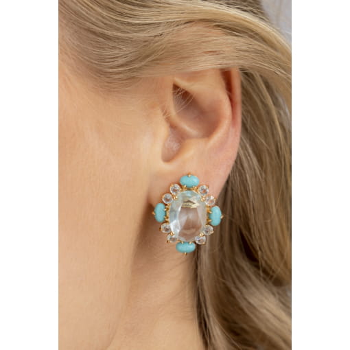 BRINCO COM CRISTAL ÁGUA MARINHA E CABOCHÕES TURQUESA B.OURO