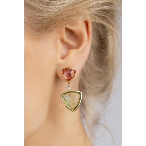 BRINCO EAR JACKET COM CRISTAIS PRASIOLITA E ROSA BANHADO A OURO