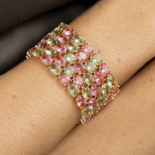 PULSEIRA COM CRISTAIS PRASIOLITA E ROSA BANHADA A OURO