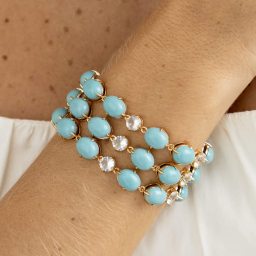 PULSEIRA COM CABOCHÕES OVAIS TURQUESA BANHADA A OURO