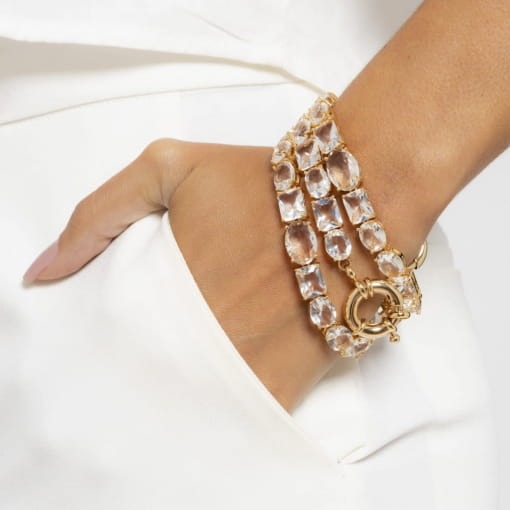 PULSEIRA COM CRISTAIS DIVERSOS INCOLOR BANHADA A OURO