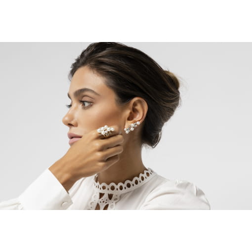 BRINCO EAR CUFF E ZIRCÔNIAS ÁGUA MARINHA E PÉROLA BANHADO A OURO