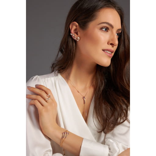 BRINCO EAR CUFF COM CRISTAIS COLORIDOS E PÉROLA BANHADO A OURO