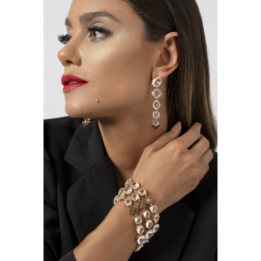 BRINCO PÊNDULO COM CRISTAIS INCOLOR BANHADO A OURO