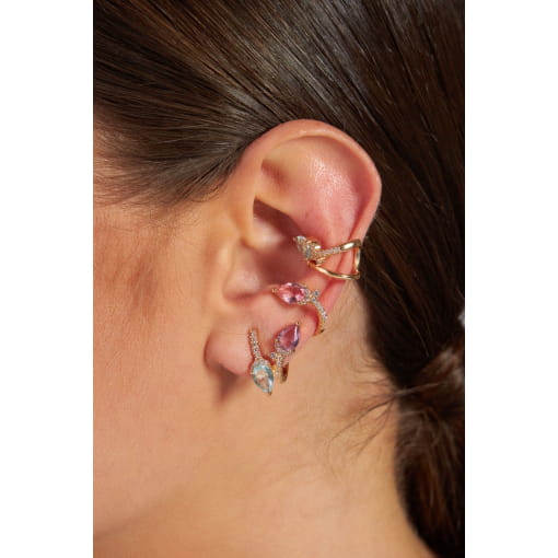 BRINCO EAR CUFF COM CRISTAIS EM GOTA COLORIDOS BANHADO A OURO