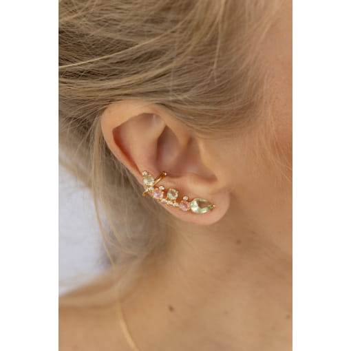 BRINCO EAR CUFF COM ZIRCÔNIAS PRASIOLITA E ROSA BANHADO A OURO