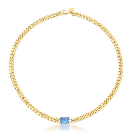 CHOKER EM MALHA GROUMET COM CRISTAL AZUL BANHADA A OURO