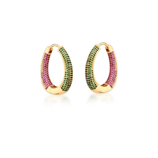 ARGOLA OVAL COM ZIRCÔNIAS VERDES E MARSALA BANHADA A OURO