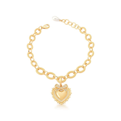 PULSEIRA COM PINGENTE DE CORAÇÃO COM LAÇO BRANCO BRANHADA A OURO