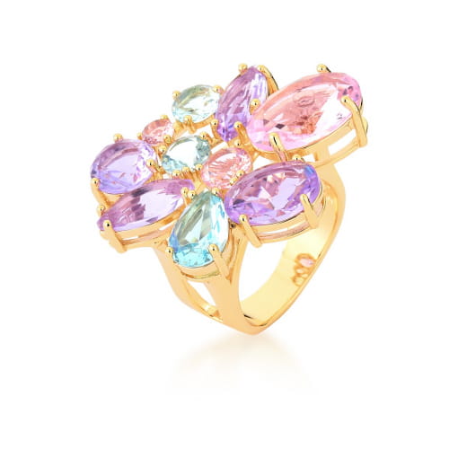 ANEL PEDRA MULTICOLOR GOTA/OVAL/REDONDO/NAVETE BANHADO A OURO