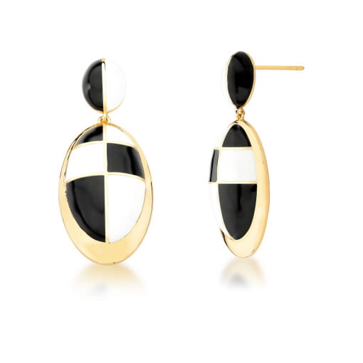 BRINCO PÊNDULO OVAL ESMALTADO XADREZ BANHADO A OURO