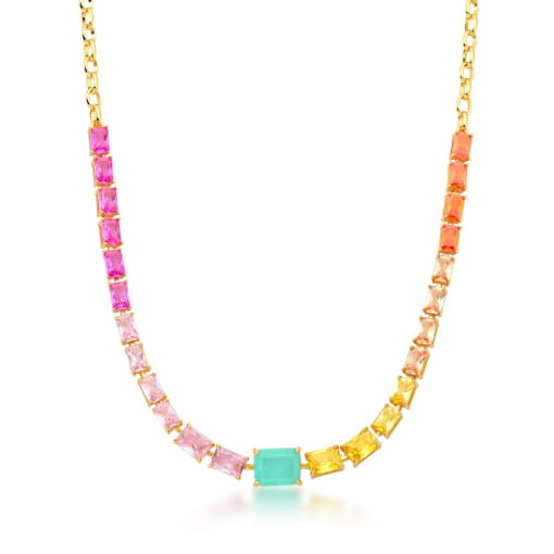 CHOKER COM CRISTAIS RETANGULARES COLORIDOS BANHADA A OURO