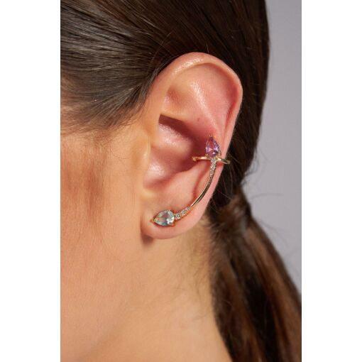 BRINCO EAR CUFF COM CRISTAIS EM GOTA COLORIDOS BANHADO A OURO