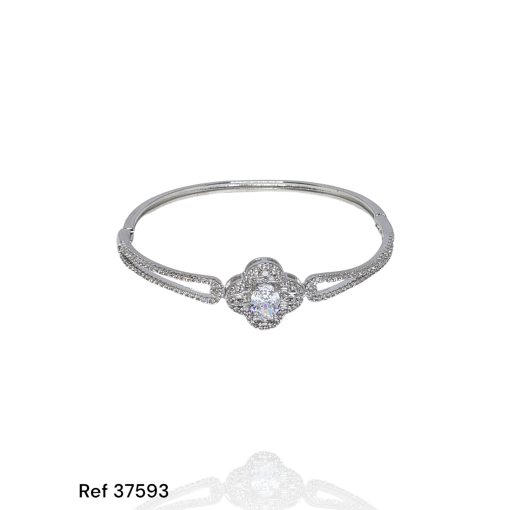 Bracelete Ouro Branco Flor Cravejada Pedra Oval