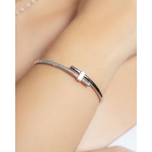 Bracelete Ouro Branco Liso E 1 Filete Mz Madrepérola
