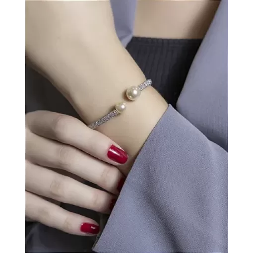 Bracelete Ouro Branco Perola Malha Vazada