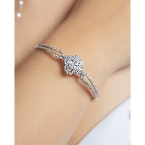 Bracelete Ouro Branco Flor Cravejada Pedra Oval