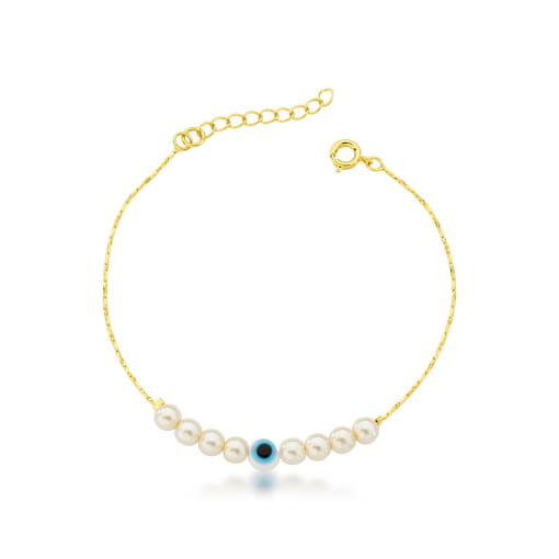 PULSEIRA DOURADA COM OLHO GREGO E PÉROLAS