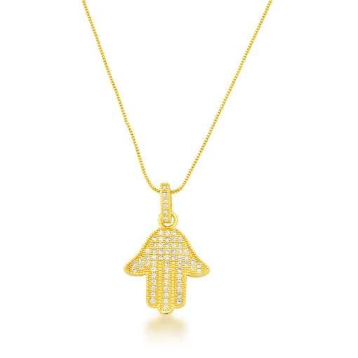 COLAR DOURADO COM PINGENTE DE MÃO DE FÁTICA COM ZIRCÔNIAS