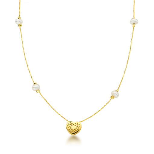 CHOKER DOURADA DE PÉROLAS COM CORAÇÃO CRAVEJADO DE ZIRCÔNIAS