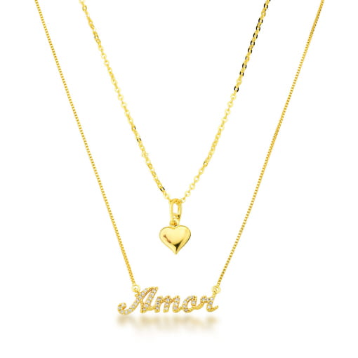 COLAR DUPLO DOURADO ESCRITO AMOR COM CORAÇÃO