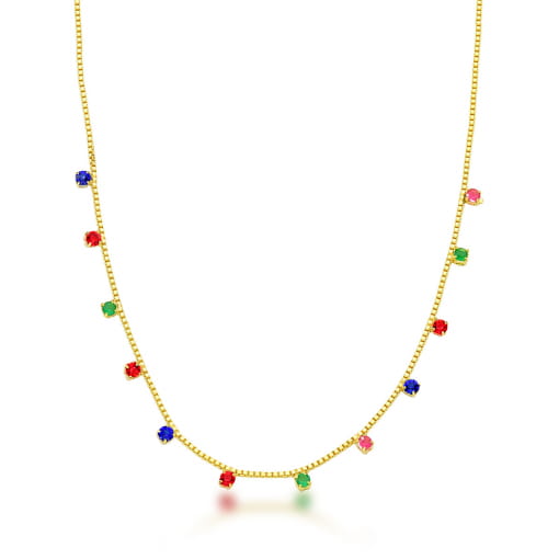 CHOKER DOURADA COM APLICAÇÕES DE PONTOS DE ZIRCÔNIAS COLORIDOS