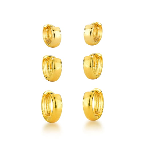 TRIO DE ARGOLAS DOURADO LISO CLÁSSICO