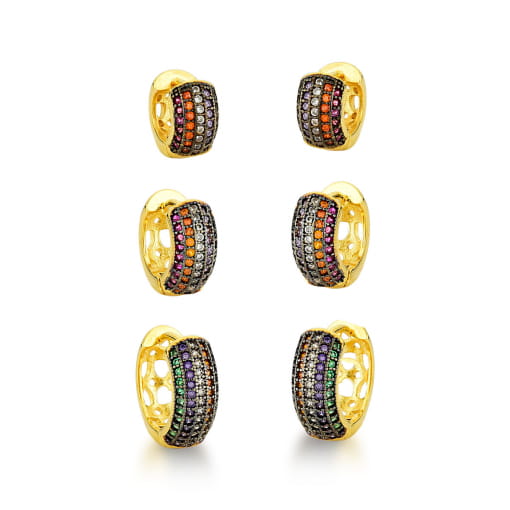 TRIO DE ARGOLA DE ZIRCÔNIAS MULTI COLORIDAS