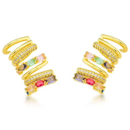 BRINCO DOURADO EAR CUFF COM ZIRCÔNIAS MULTI COLORIDAS