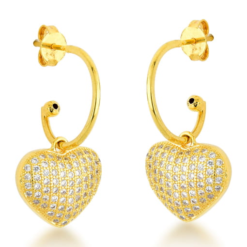 BRINCO DE ARGOLA COM PINGENTE DE CORAÇÃO COM ZIRCÔNIAS