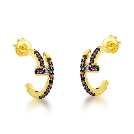 ARGOLA DE ZIRCÔNIAS MULTI COLORIDA DOURADA