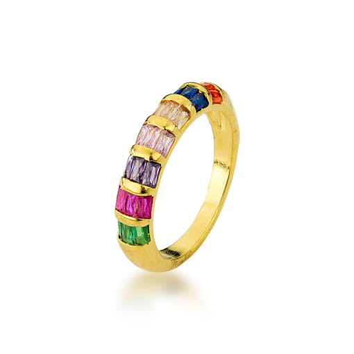 ANEL DOURADO COM ZIRCÔNIAS COLORIDAS EM FORMATO DE BAGUETES