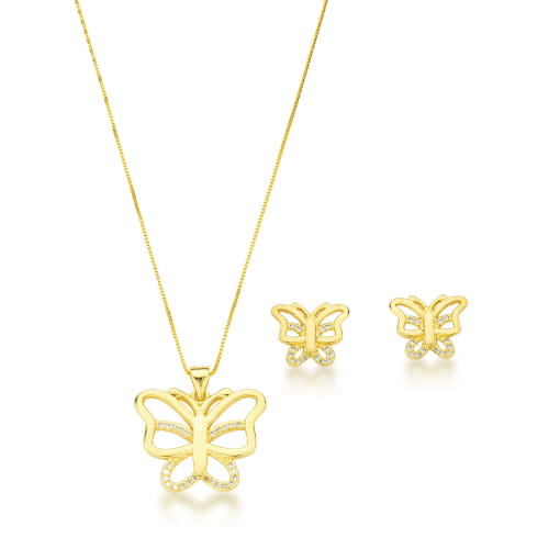 CONJUNTO DE BORBOLETA COLAR + BRINCO COM ZIRCÔNIAS