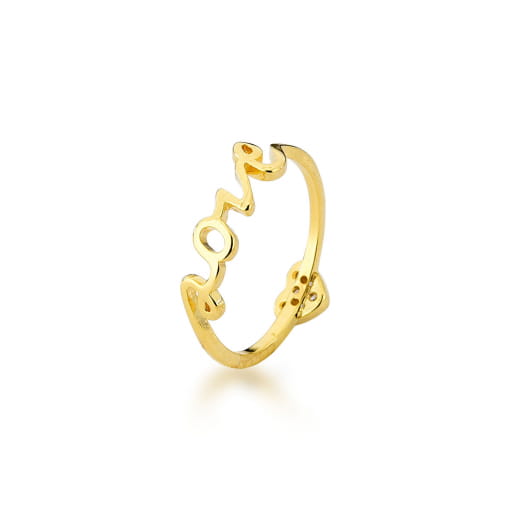 ANEL DOURADO COM CORAÇÃO DE ZIRCÔNIAS ESCRITO LOVE