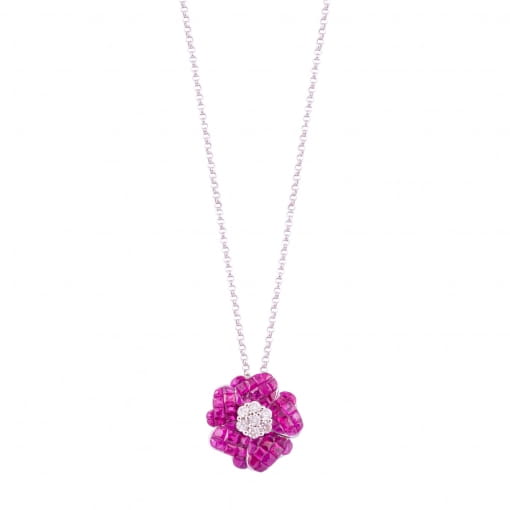 Gargantilha Flor em Ouro Branco Com Rubis e Diamantes