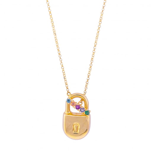 Gargantilha Cadeado em Ouro com Pedras Rainbow
