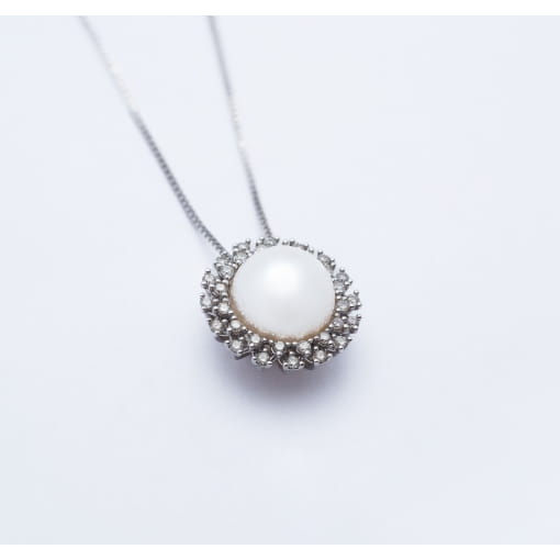 Gargantilha Perola com Microzircônias em Ouro Branco