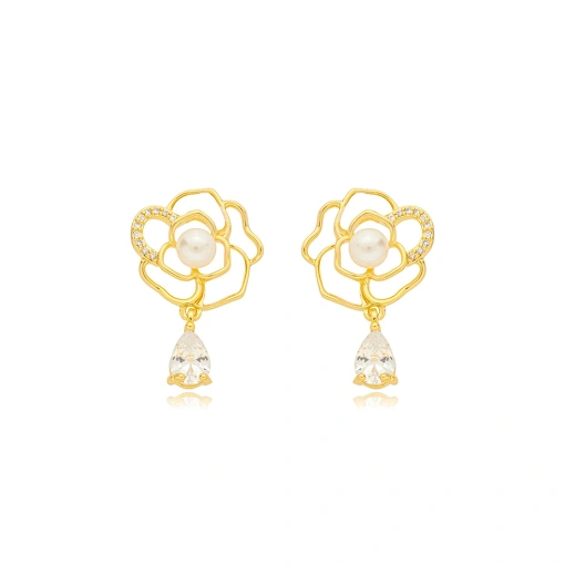Brinco Flor Perola Zirconia Banhado a Ouro 18k