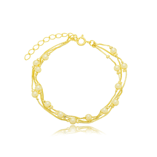 Pulseira Tripla Pérola Banhada a Ouro 18k.