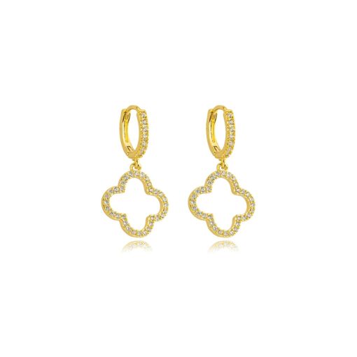 Brinco Articulado Trevo Zirconia Banhado a Ouro 18k