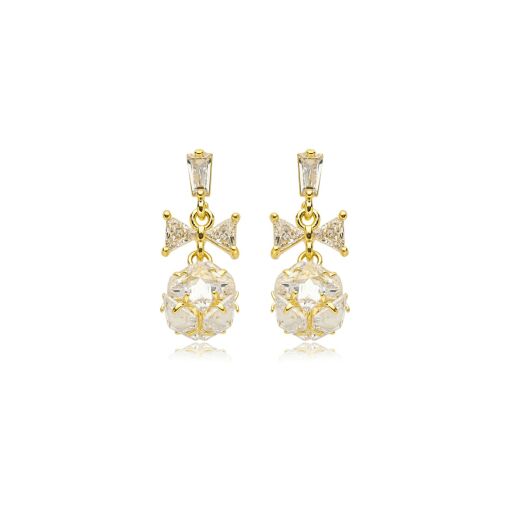 Brinco Gravata/bola Zirconia Banhado a Ouro 18k