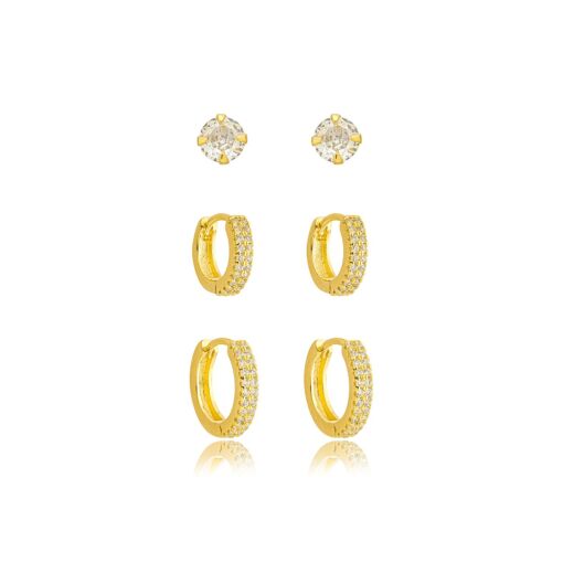 Brinco Trio Articulado Zirconia Banhado a Ouro 18k