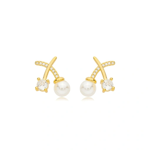 Brinco Cereja Perola Zirconia Banhado a Ouro 18k
