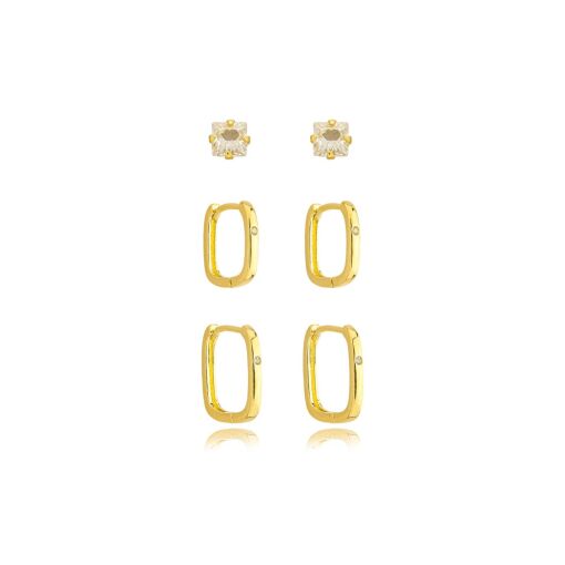 Brinco Trio Articulado Quadrado Zirconia Banhado a Ouro 18k
