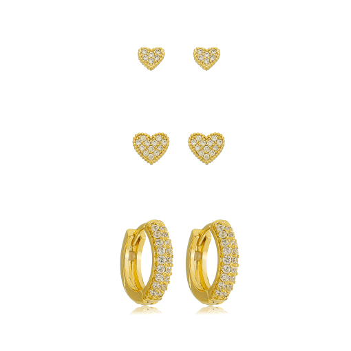 Brinco Trio Coração Zirconia Banhado a Ouro 18k