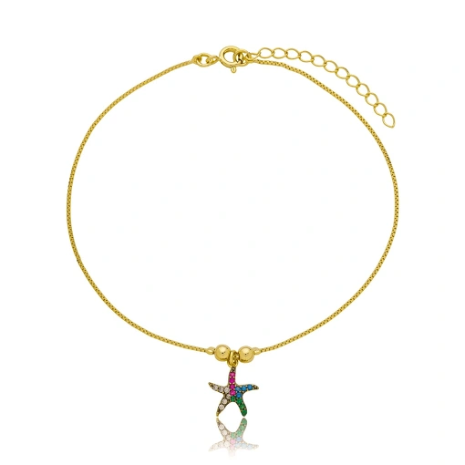Tornozeleira Estrela do Mar Zirconia Colorida Banhada a Ouro 18k
