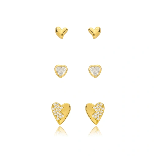 Brinco Trio Coração Zirconia Banhado a Ouro 18k