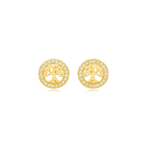 Brinco Arvore da Vida Zirconia Banhado a Ouro 18k