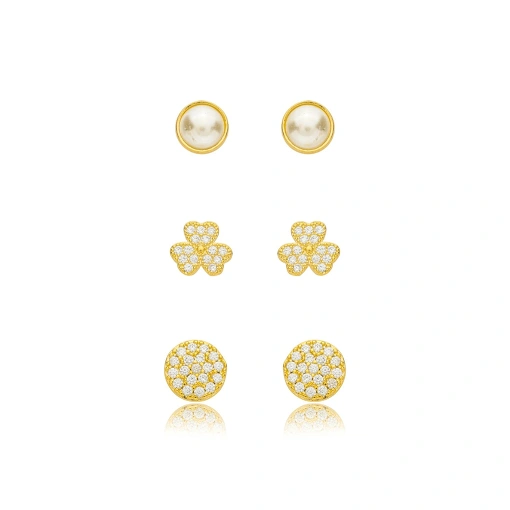 Binco Trio Redondo Perola Zirconia Banhado a Ouro 18k